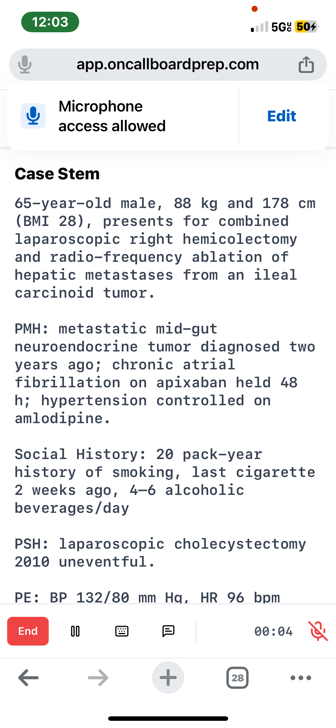 Mobile session view showing a live case with controls on a phone.