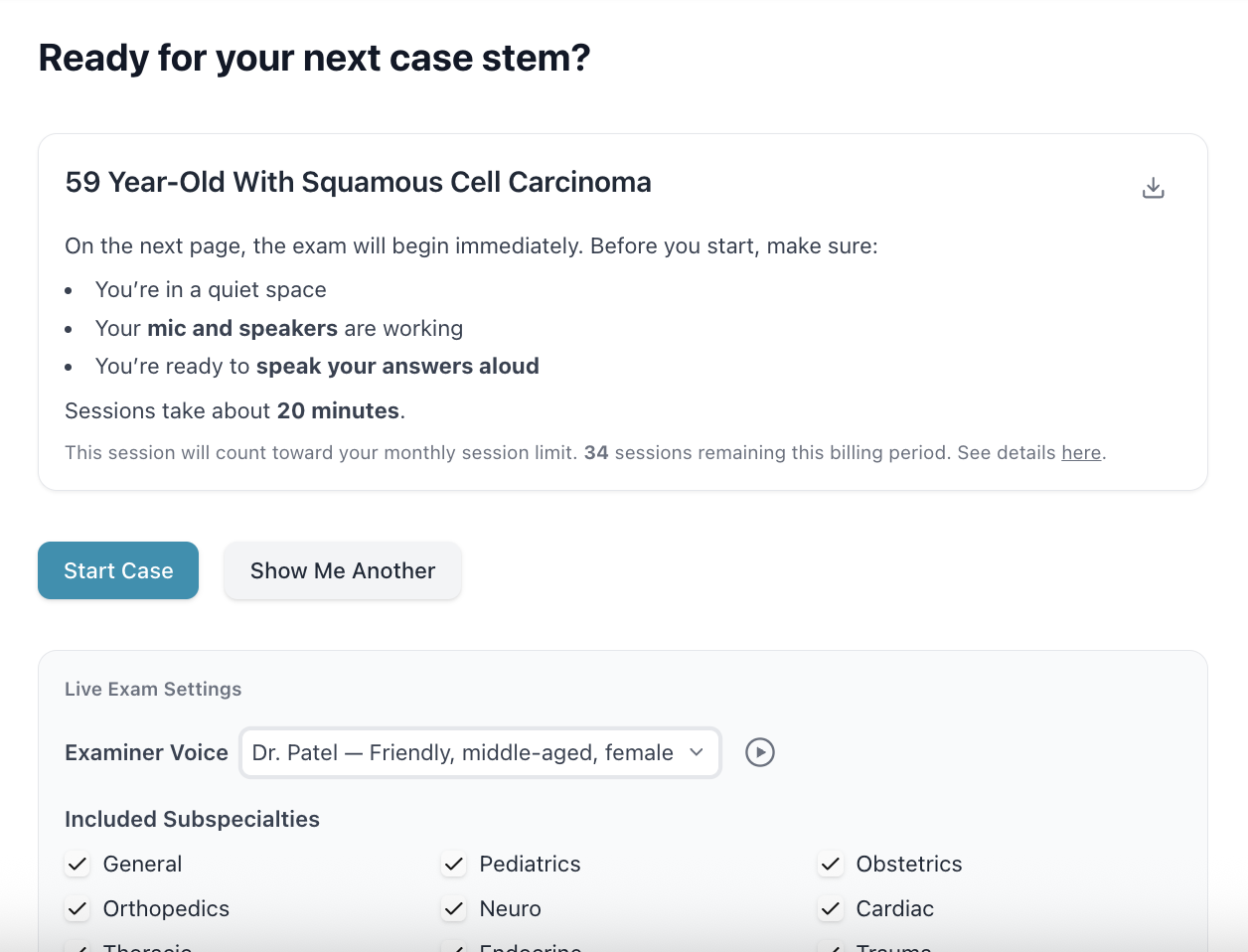 App interface showing a list of anesthesiology cases with details and a highlighted selection.