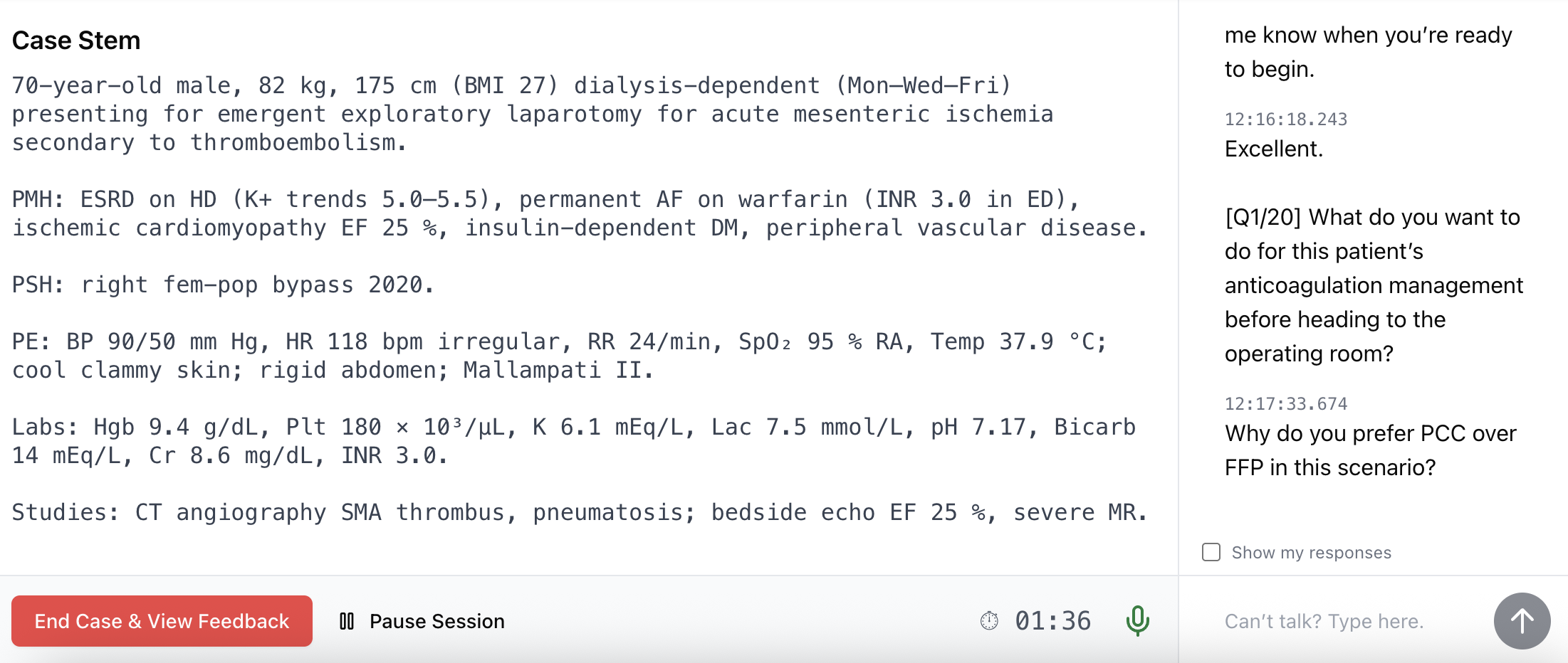Real‑time session screen with AI examiner prompts and user voice response controls.