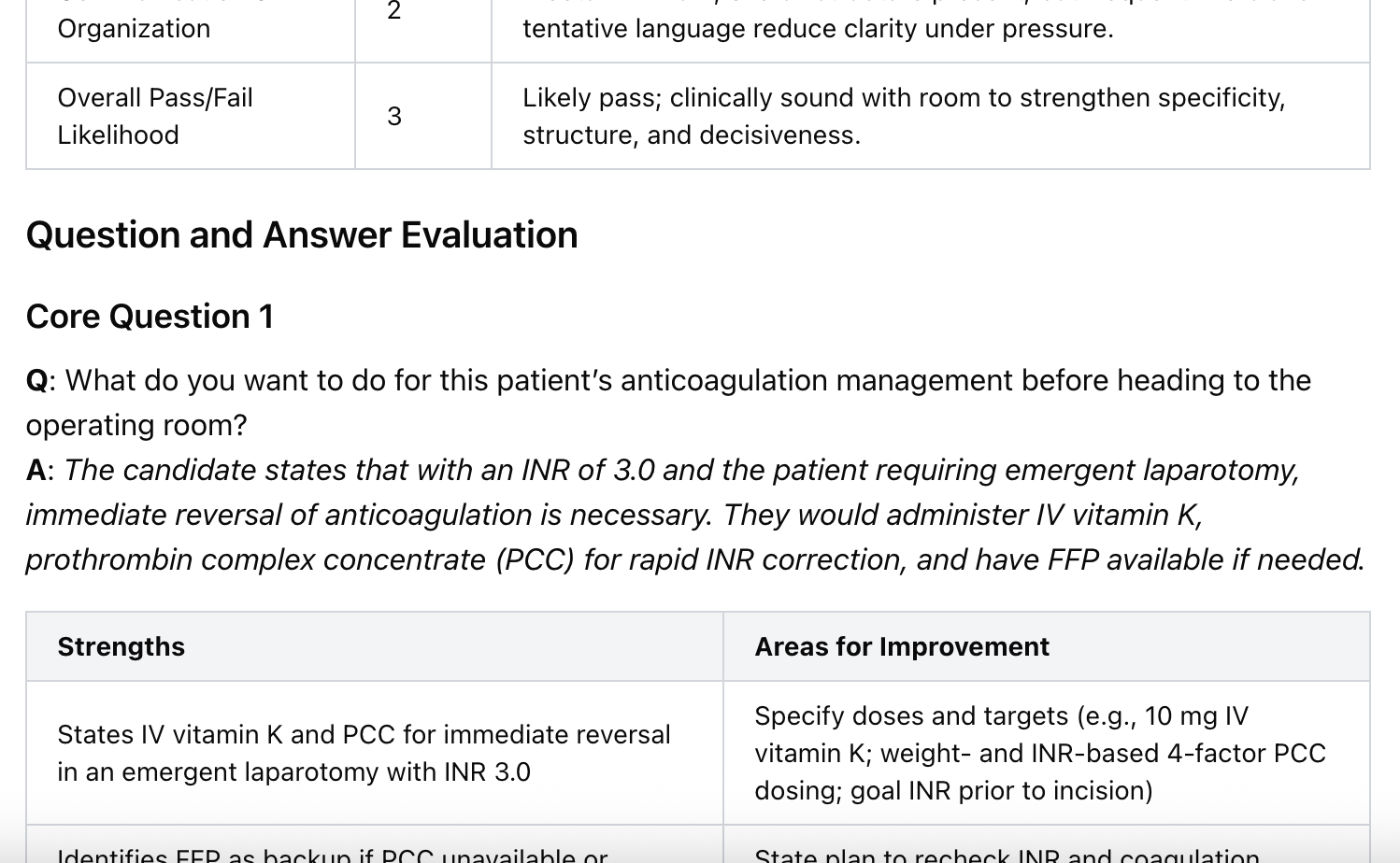 Structured feedback report highlighting strengths, gaps, ideal responses, and a prioritized study plan.